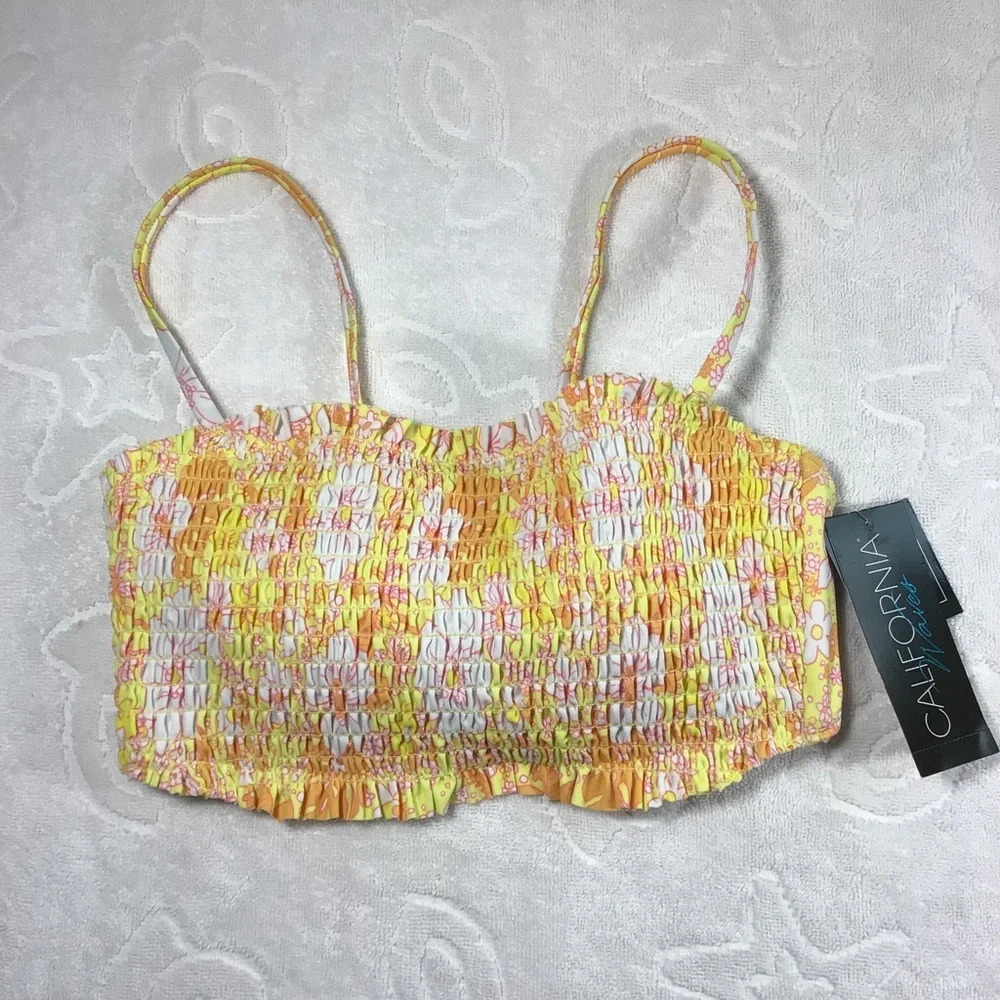 California Waves Yellow Floral Smocked Bandeau Bikini Top - NWT - Picture 4 of 8